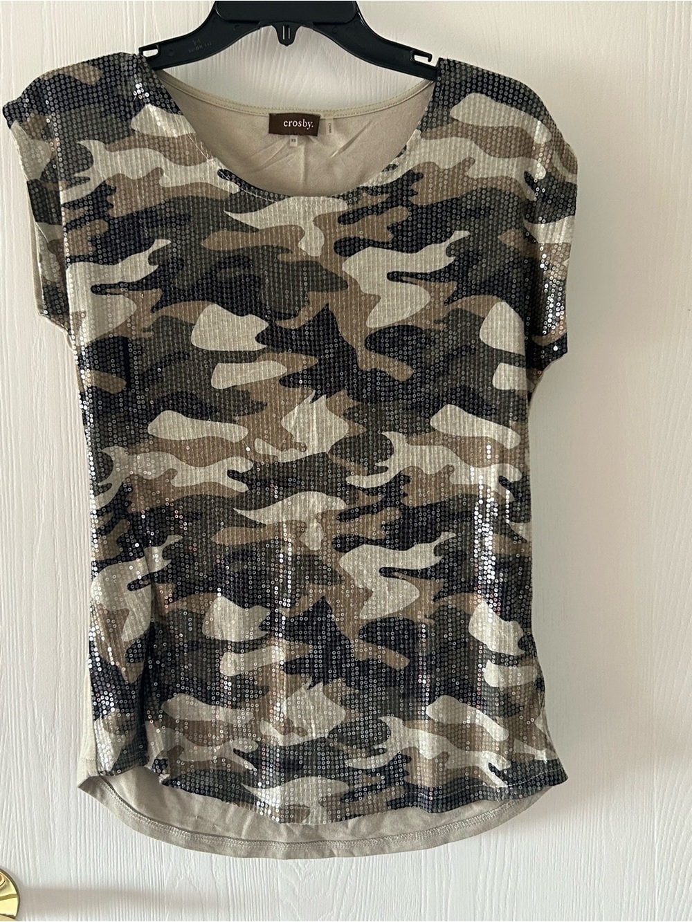 crosby. Sequin Camouflage Short Sleeve Tee in Olive, Black, Tan